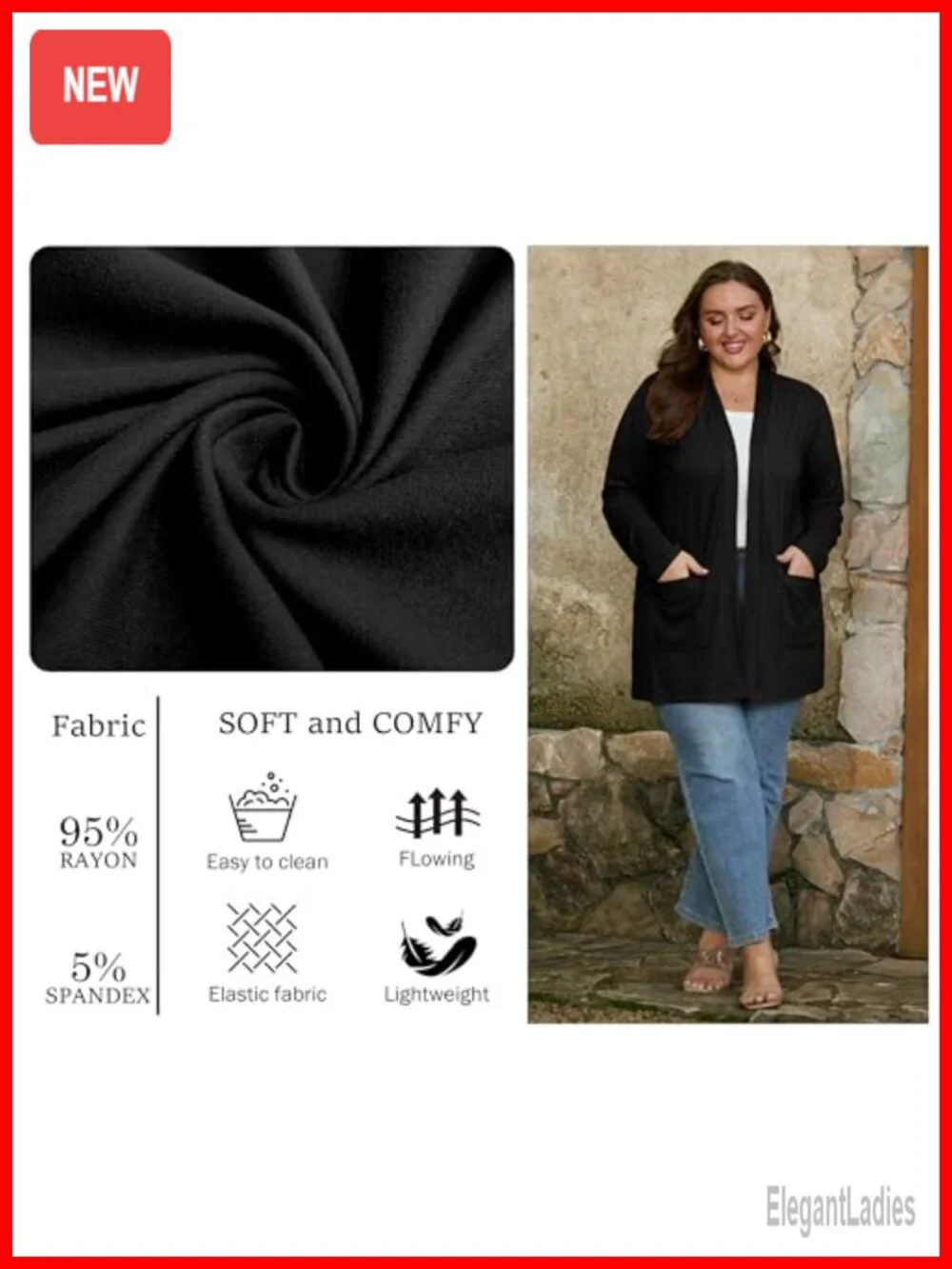 Plus Size Cardigan Women Open Front Rayon Spandex Lightweight Pockets